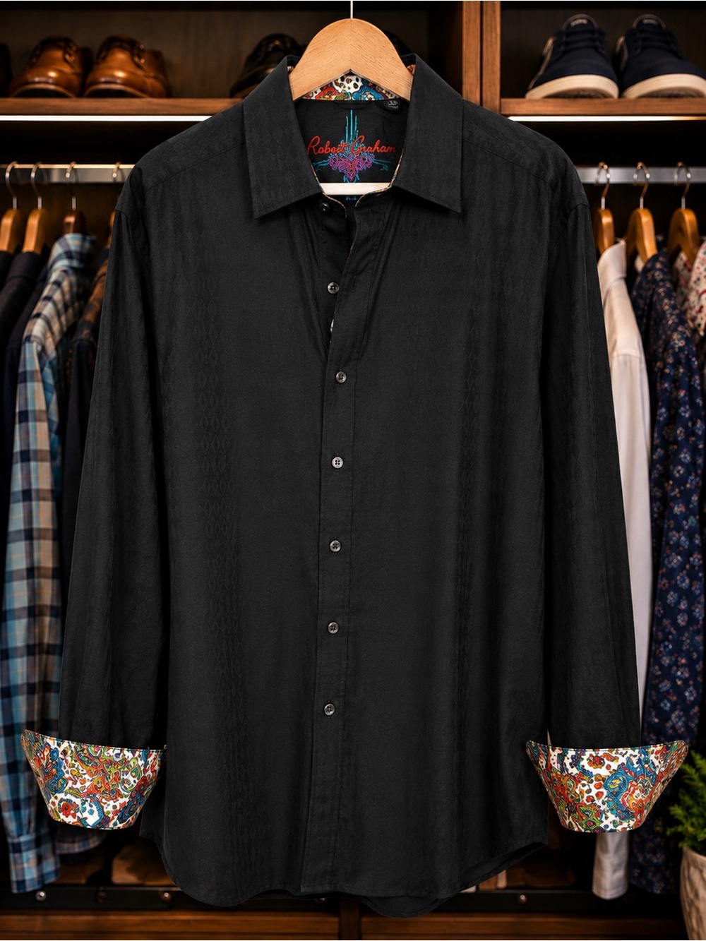 Robert Graham Black Jacquard Flip Cuff Button Down Shirt | XL